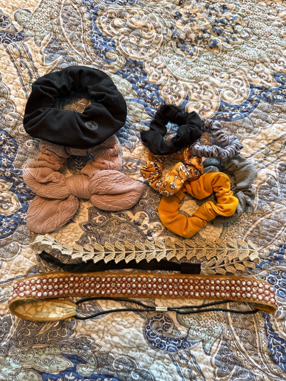 Assorted Women’s Hair Scrunchies and Headbands - Black, Pink, Mustard, Gray